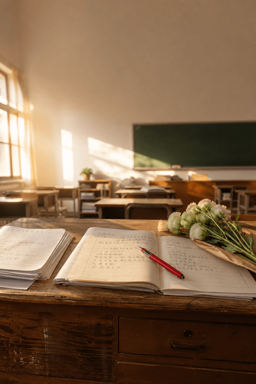 放学后的安静教室里，木质备课桌上摆放备课本、红笔、作业与白色花束