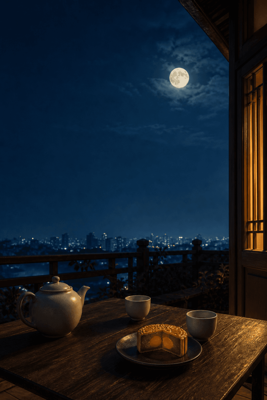 深蓝月夜下的城市阳台,木桌上摆放茶壶、两只茶杯与切开的月饼